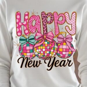 Happy New Year Pink Disco T-shirt White XXL- 3XL New Checkers Polka dots long sl